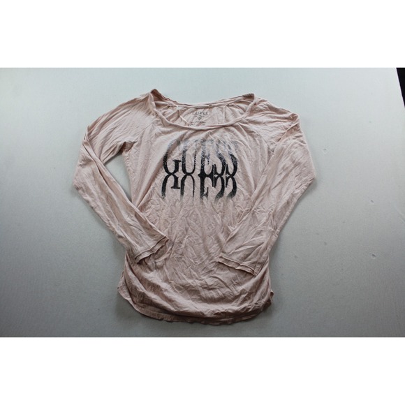 Guess Tops - Guess Women Beige Top Long Sleeve Round Neck Casual Size Large